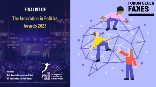 Plakat des Awards und Visual und Logo des Forum gegen Fakes